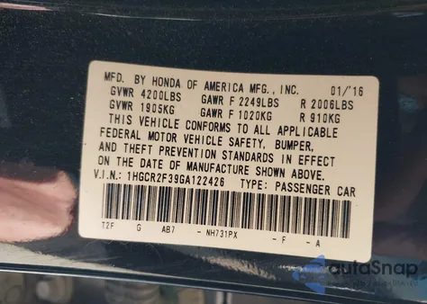 2016 Honda Accord Lx from USA, damaged, VIN 1HGCR2F39GA122426